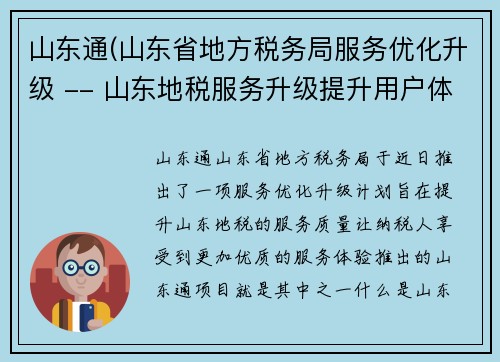 山东通(山东省地方税务局服务优化升级 -- 山东地税服务升级提升用户体验)
