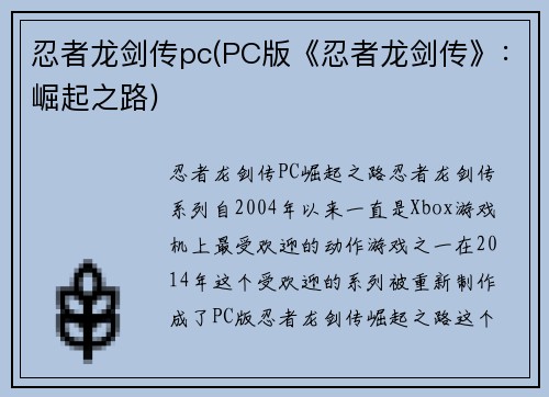 忍者龙剑传pc(PC版《忍者龙剑传》：崛起之路)